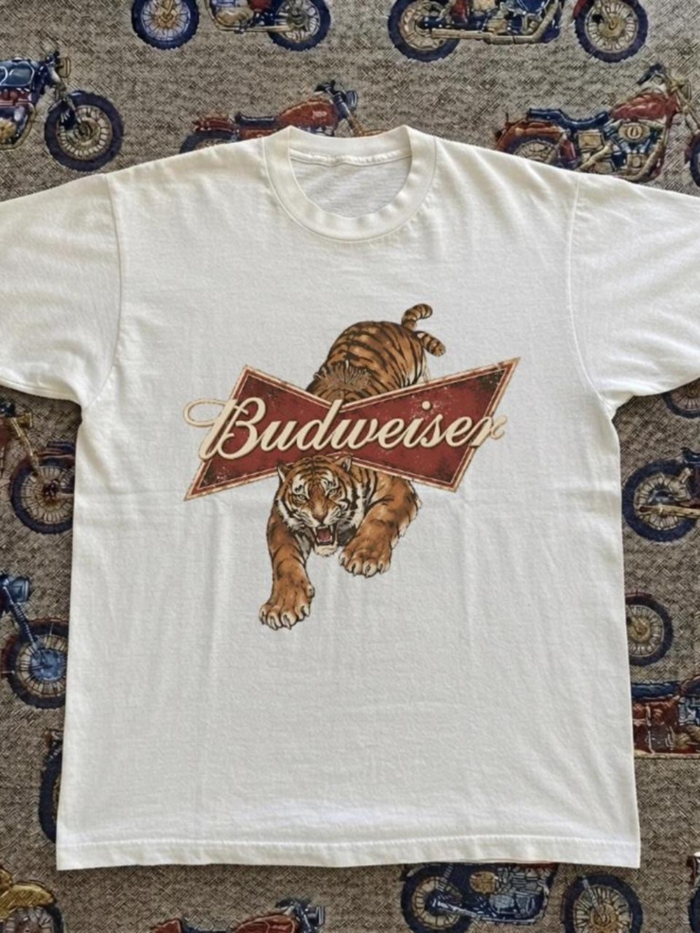 Gildan White Tee with Brown Tiger and Red Budweiser